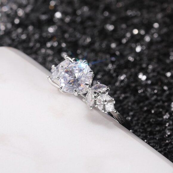 ▶CZ Square Leaf 925 Silver Plated Wedding/Engagement Ring for Women, K940 main image 1